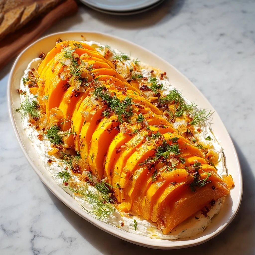 Baked butternut squash on feta dip