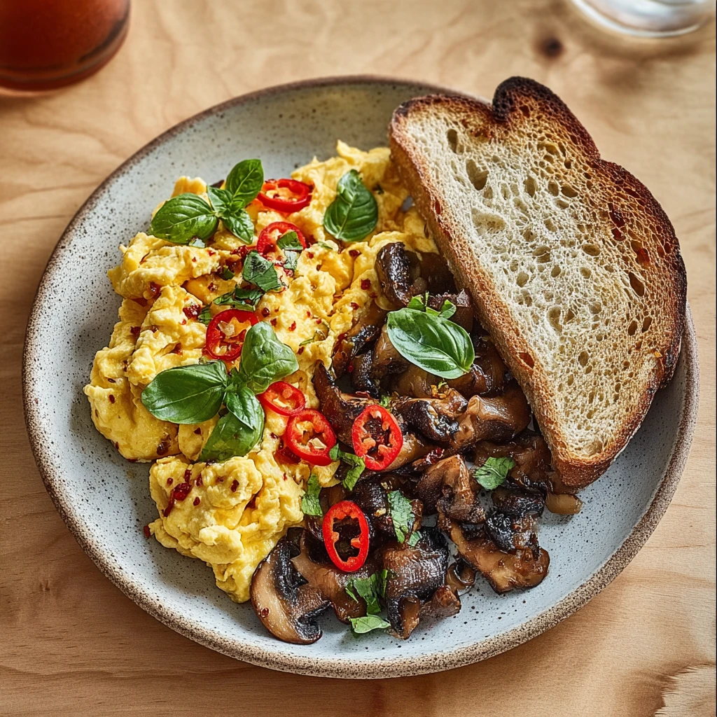 Chilli Oil Mushrooms With Scrambled Eggs On Sourdough Bliss