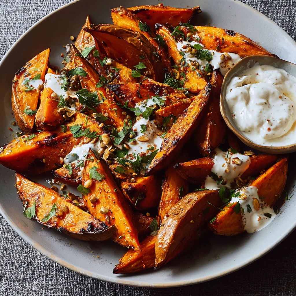 Irresistible Roasted Sweet Potatoes with Harissa Yogurt