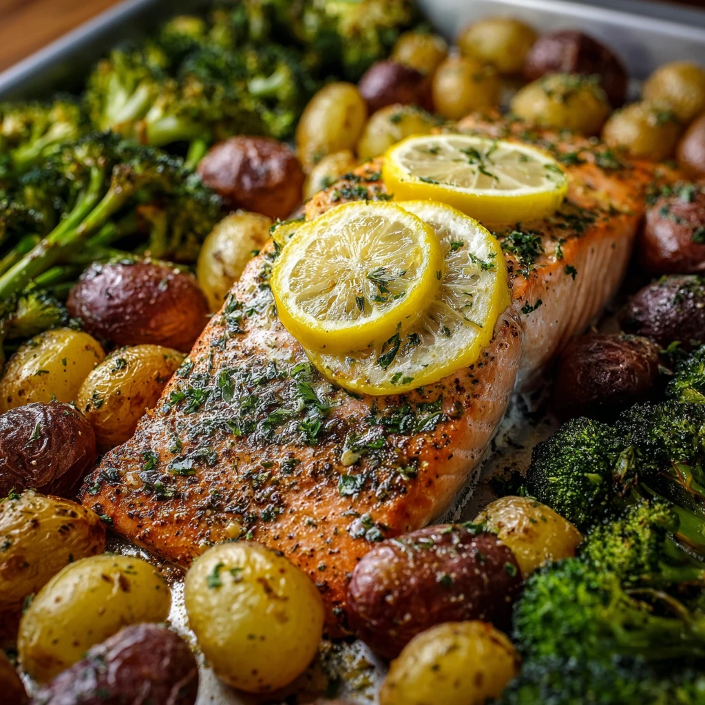 Lemon Butter Salmon with Crispy Potatoes and Roasted Broccoli Recipe