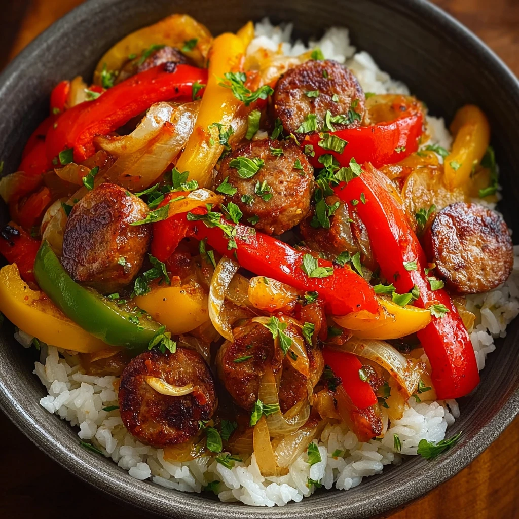 Sausage, Onion, Bell Peppers & Tomatoes Over Rice