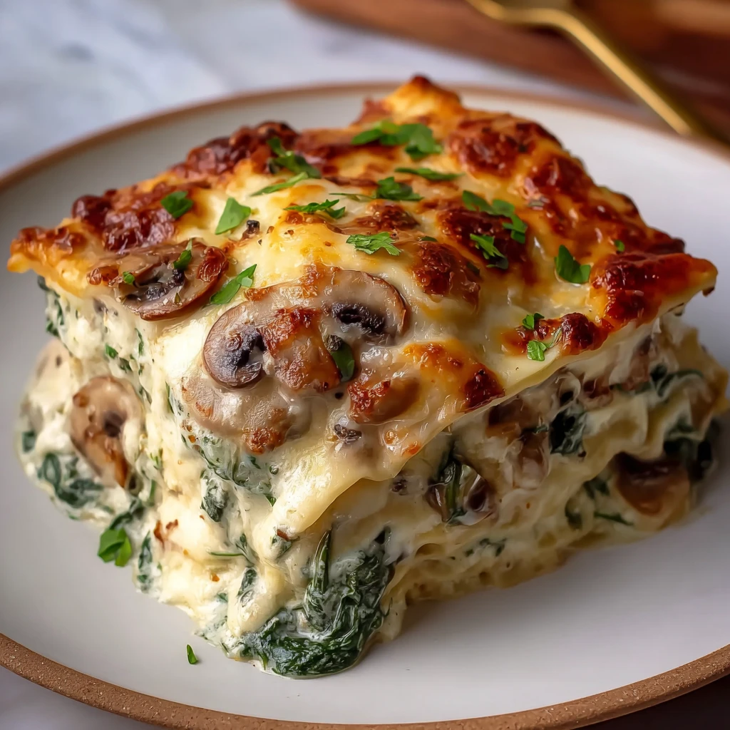 WHITE LASAGNA WITH GARLICKY GREENS & MUSHROOMS