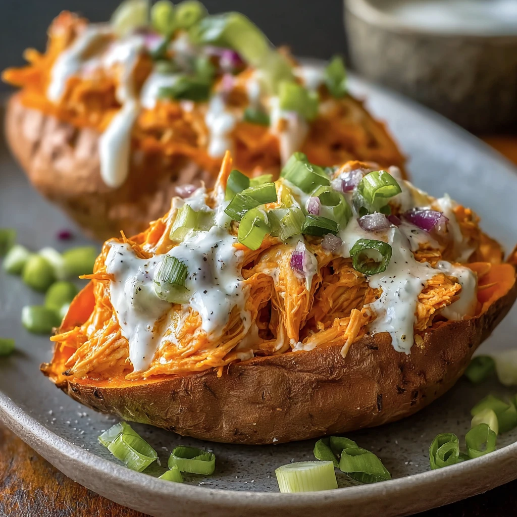 Buffalo Chicken Stuffed Sweet Potatoes