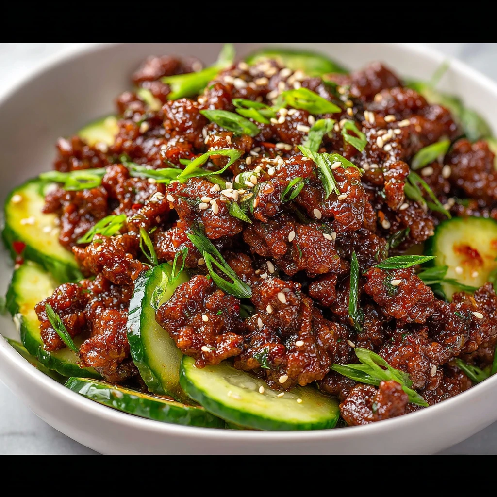 Spicy Keto Korean Ground Beef with Cucumber Salad